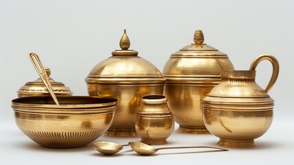 A collection of empty golden brass vessels, traditionally used as water pots for religious rituals during festivals, elegantly isolated against a clean white background - obrazy, fototapety, plakaty