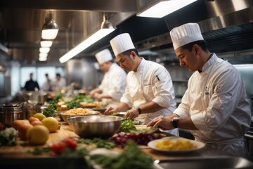 Fototapeta na wymiar Professional chef cooking in the restaurant kitchen preparing delicious food