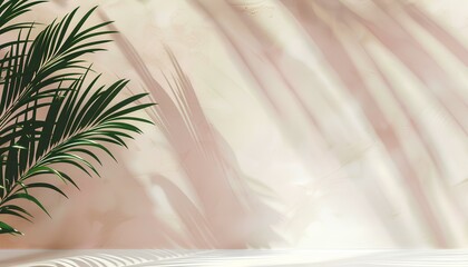 palm leave's blurred shadow on light pastel wall. Minimalistic beautiful summer spring background
