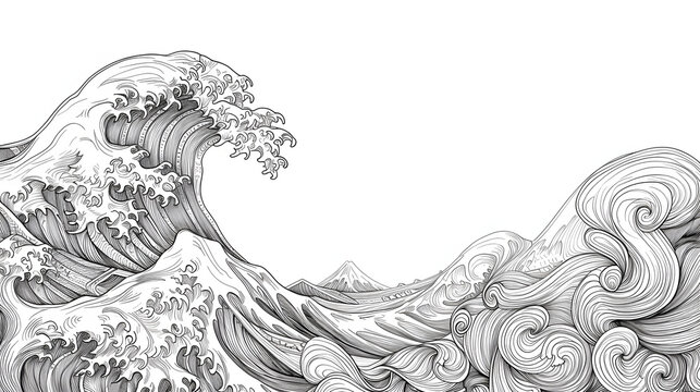 wave doodle line art on white background with copy space, doodle background