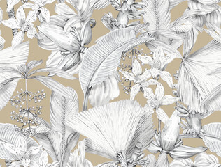 Seamless tropical pattern with exotic monochrome leaves and plants. Tropical wallpaper drawn in pencil - 767576218