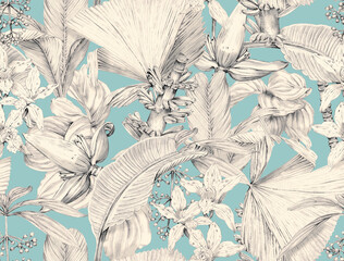 Seamless tropical pattern with exotic monochrome leaves and plants. Tropical wallpaper drawn in pencil - 767576231