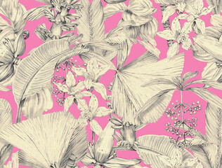 Seamless tropical pattern with exotic monochrome leaves and plants. Tropical wallpaper drawn in pencil - 767576245