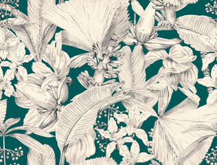 Seamless tropical pattern with exotic monochrome leaves and plants. Tropical wallpaper drawn in pencil - 767576272