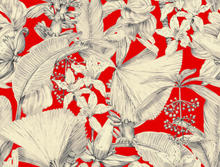 Seamless tropical pattern with exotic monochrome leaves and plants. Tropical wallpaper drawn in pencil - 767576286