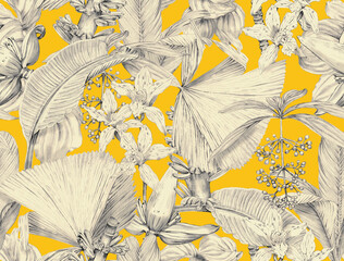 Seamless tropical pattern with exotic monochrome leaves and plants. Tropical wallpaper drawn in pencil - 767576287