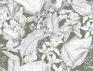 Seamless tropical pattern with exotic monochrome leaves and plants. Tropical wallpaper drawn in pencil - 767576295