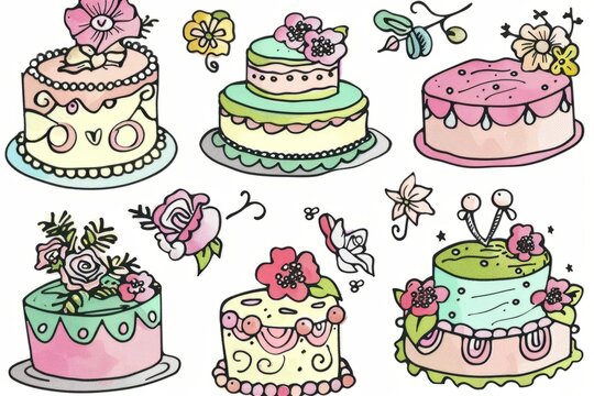 Cartoon cute doodles of a pastry shop's celebration cakes, adorned with colorful frosting flowers, edible pearls, and whimsical designs for birthdays and weddings, Generative AI