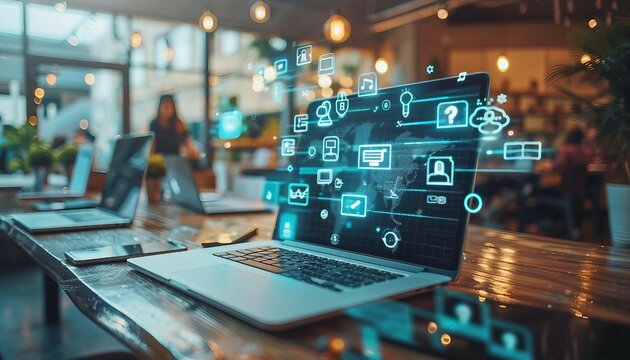 Unified Endpoint Management, unified endpoint management with an image depicting IT administrators remotely managing and securing endpoints such as laptops, AI