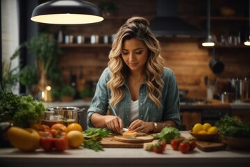 beautiful female food vlogger is recording new video and explaining how to cook a dish in the kitchen