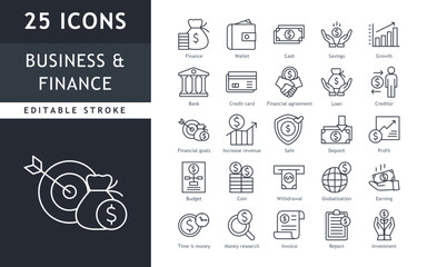 set of line icons related to business and finace, bank, loan, revenue, deposit, profit. Outline icon collection. vector illustration. editable stroke