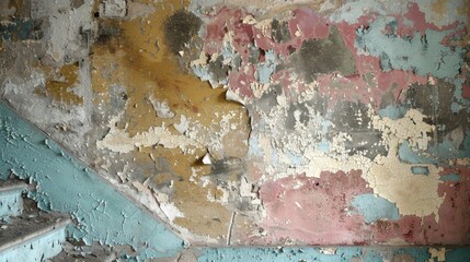A faded and chipped mural peeling off a bumpy wall in a forgotten corner.