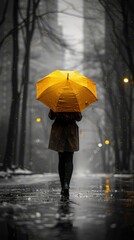 woman walking in the rain down the street with a yellow umbrella, ultra-fine detailed painting 