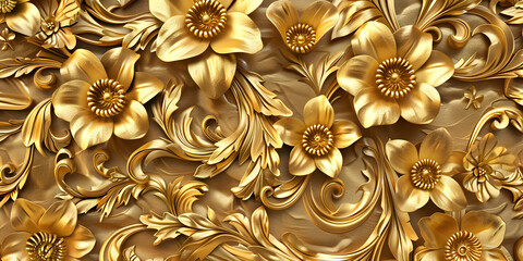 A close up of a gold flower and leaf design on a wall generative ai

