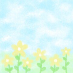 Fototapeta na wymiar cloud sky and spring flowers water color paint background