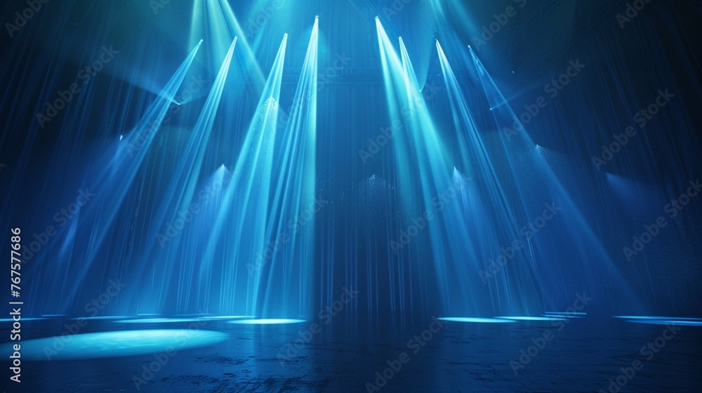 Poster electric blue beams of light piercing through a velvety black backdrop, creating a mesmerizing inter
