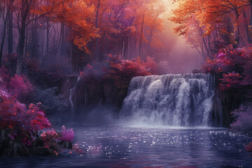Waterfall in autumn, Beautiful landscape of forest. Created with Ai