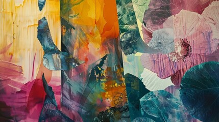 Layers of translucent paper and bold brushstrokes combine in a contemporary art collage, creating a harmonious fusion of color and texture that blurs the lines between reality and imagination