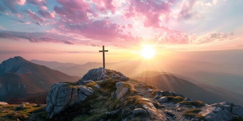 A Christian theme for Easter, with a cross on the mountain, morning atmosphere, with the sky and the mountains in morning light in the background.  - obrazy, fototapety, plakaty