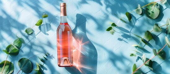 A spring-themed table arrangement for a holiday featuring a bottle of rose wine set against a blue backdrop with eucalyptus leaves and shadows, creating a romantic and summery feel.