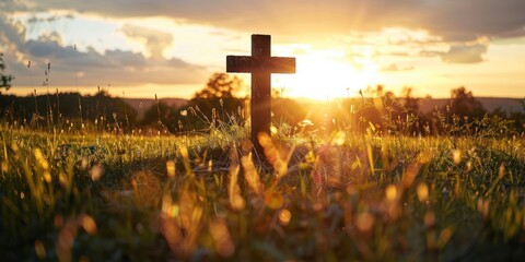 wooden cross, sun and meadows, wind blowing on the grass