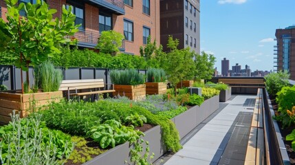 The rooftop of a multistory parking garage is transformed into a green haven with rows of potted plants a community herb garden and a peaceful sitting area providing a muchneeded - obrazy, fototapety, plakaty