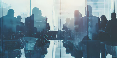 Double exposure: Business professionals in a meeting in front of a city office building, portraying a moment of collaboration. Emphasising teamwork, seriousness, and professionalism. - obrazy, fototapety, plakaty