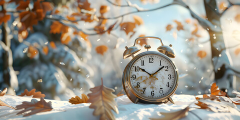 Alarm clock on winter leaves on natural background,