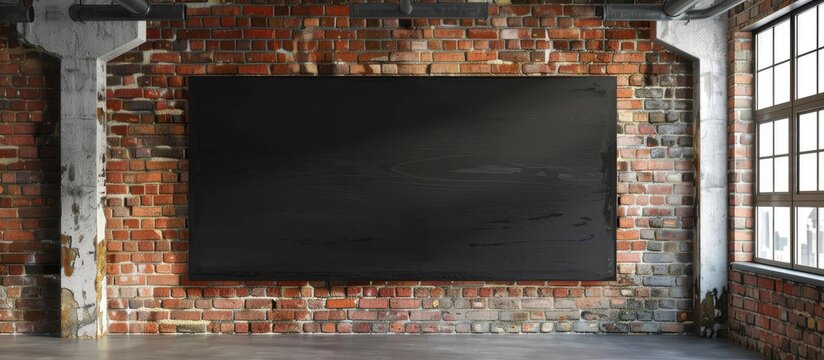 Black banner displayed on a brick wall in a loft style setting, conveying a presentation idea. Close-up shot.