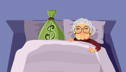 Senior Woman Sleeping with Retirement Money Bag Vector Cartoon. Rich elderly lady feeling financial secure and independent
