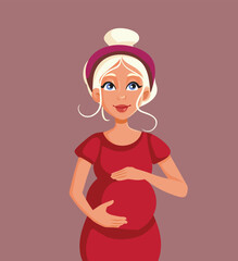Happy Pregnant Woman Caressing her Belly vector Cartoon illustration. Cheerful mommy felling attached to the unborn baby

