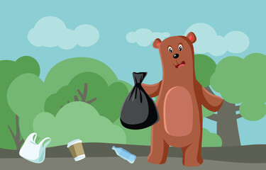 Sad Vector Cartoon Bear Picking up Garbage in a Forest. Concept image about tourism littering the wild ecosystems 
