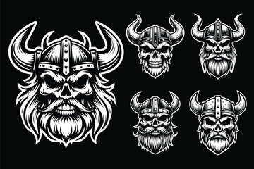 Fototapeta premium Dark Art Angry Viking Skull Head Black and White Illustration
