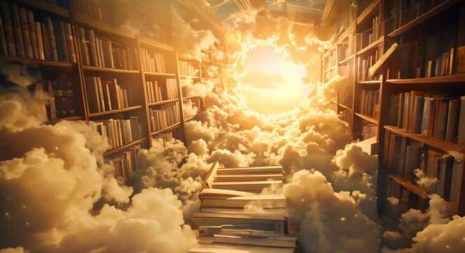A spectral library, books floating off shelves, in a castle of clouds