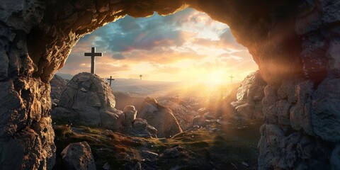looking out from Christ's tomb at the crosses - obrazy, fototapety, plakaty