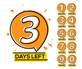 Countdown left days. One two three day left number, count time sale week banner