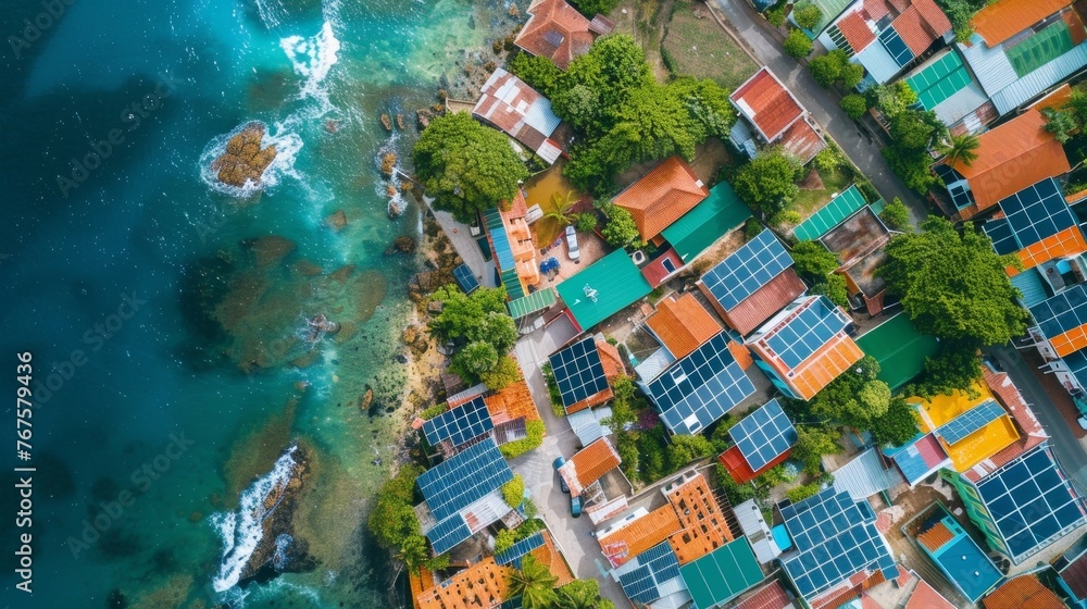 Poster a birdseye view of a quaint seaside community showcasing the use of solar energy through rows of roo