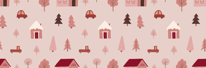 Fototapeta premium Cute decorated Christmas tree forest house party garland vector seamless pattern. Whimsy holly Xmas abstract modern hygge festive background. Seasonal winter holidays geometric graphic design