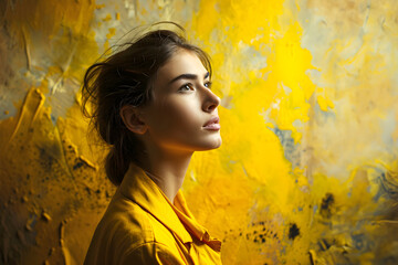 portrait of a beautiful woman model on a yellow background. fashionable beauty and glamor - obrazy, fototapety, plakaty