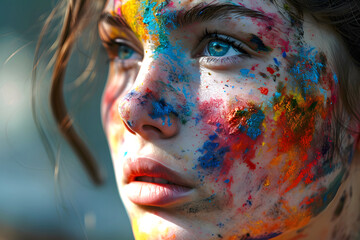 dry colored paint and makeup on the face of a beautiful model. fashionable beauty and glamor - obrazy, fototapety, plakaty