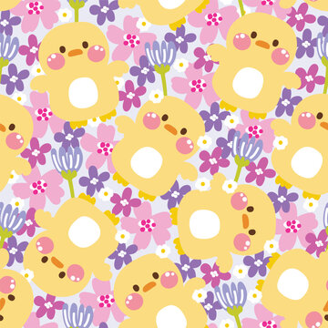 Seamless pattern of cute chicken pastel with various flower background.Spring.Blooming.Floral.Farm hen animal character cartoon design.Bird.Kawaii.Vector.Illustration.