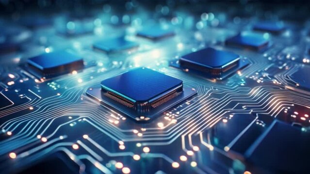 A close-up of a blue computer circuit board filled with various electronic chips and components