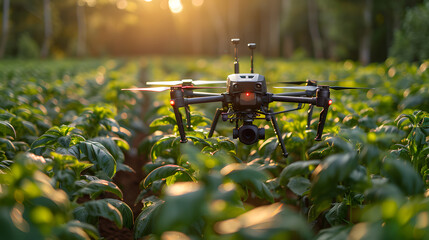 A high-tech drone with a camera flies over a lush farmland, capturing the golden light of the sunset on the healthy green crops - obrazy, fototapety, plakaty