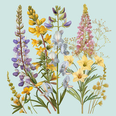 colorful botanical illustration featuring wildflowers