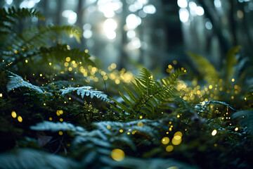 lights of fireflies beetles in the evening forest. fauna and flora in nature - 767580238