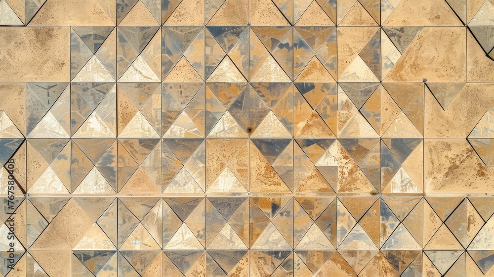 Poster aerial view of solar panels arranged in a symmetrical pattern creating a geometric pattern against t