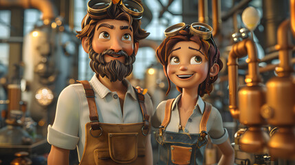 Two animated characters, an older man and a young girl, dressed as inventors in a steampunk-style workshop full of brass pipes and gauges