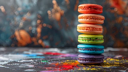 Zelfklevend Fotobehang A stack of perfectly aligned rainbow macarons on dark canvas, gradient hues. For posters, covers, background © horizor