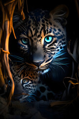 leopard at night in the jungle. predatory big cat. zoology and fauna. mammal