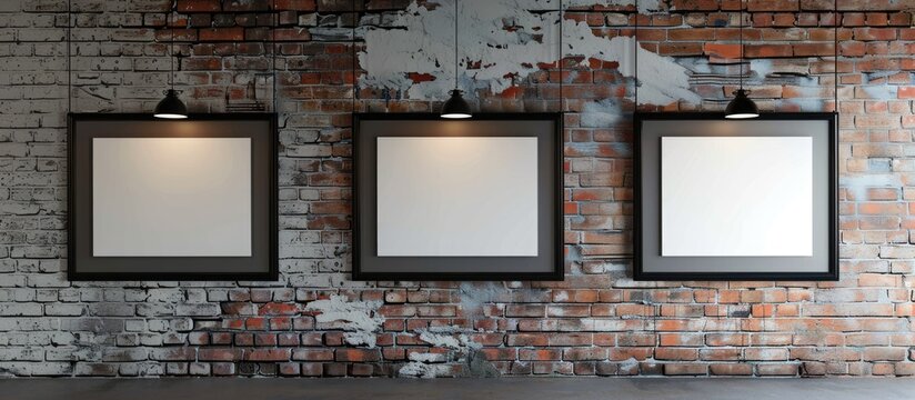 Three black wooden frames are hung on cords against a brick wall, creating a mock-up display.